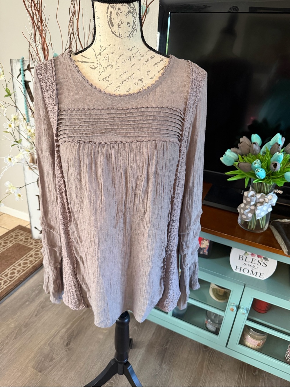 Kori America Dusty Mauve Pintuck Lace-Trim Blouse Size Small